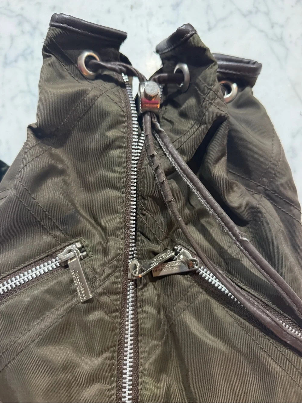 United Colors Of Benetton Olive Green Quilted Nylon Drawstring Backpack